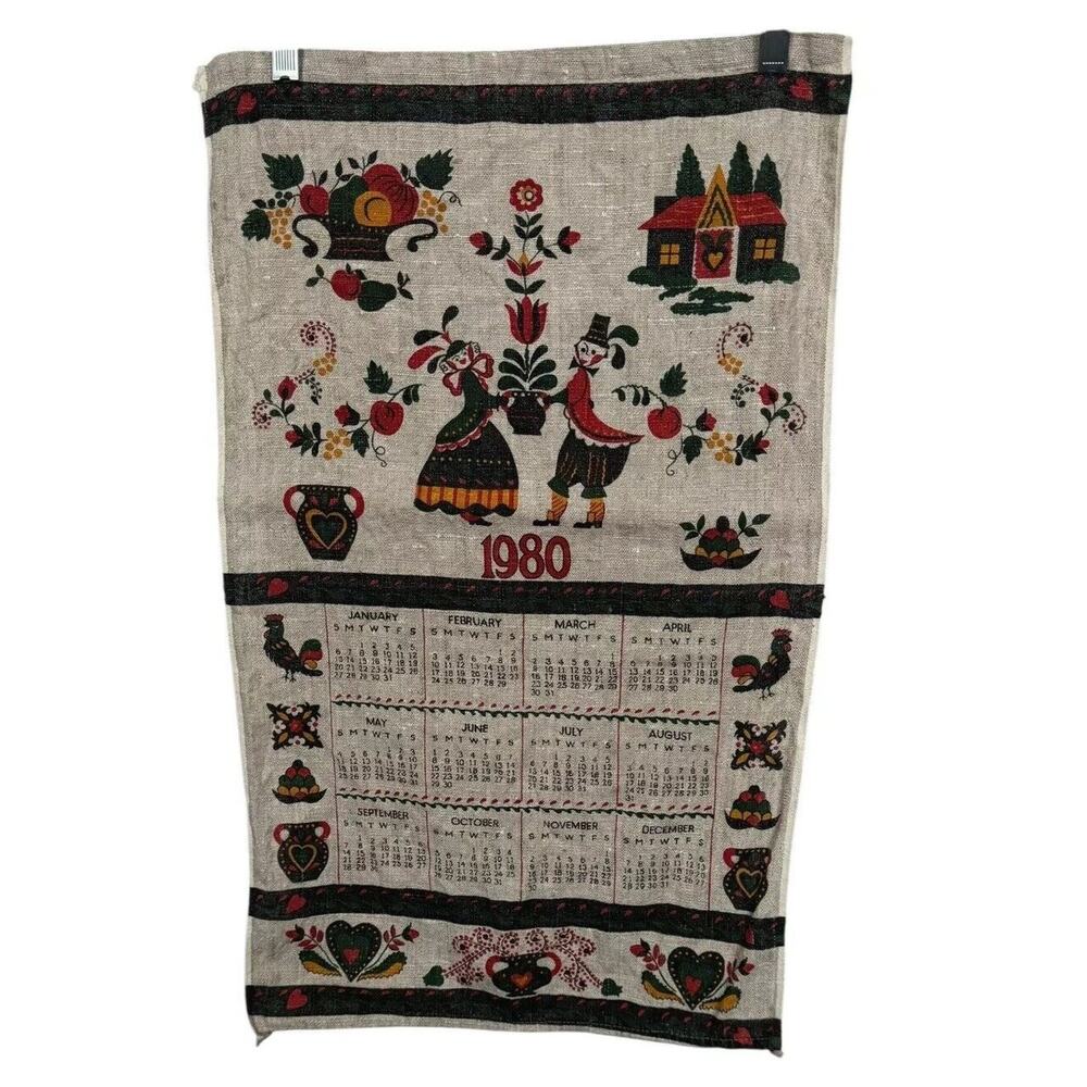 1980 Calendar Wall Hanging Linen Tea Towel Pennsylvania Dutch Folk Art Gen X